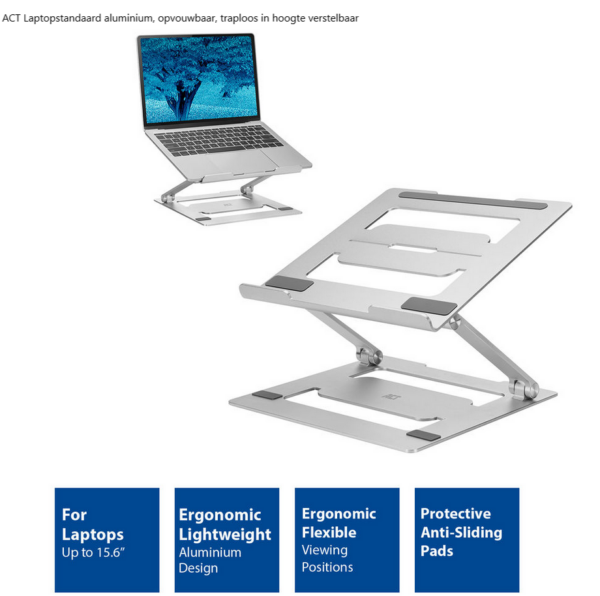 ACT Laptopstandaard aluminium, opvouwbaar, traploos in hoogte verstelbaar