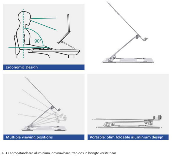 ACT Laptopstandaard aluminium, opvouwbaar, traploos in hoogte verstelbaar