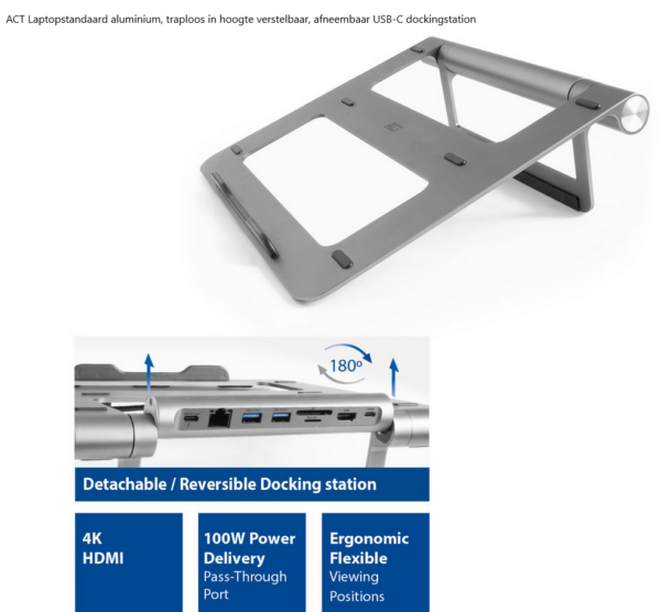ACT Laptopstandaard aluminium, traploos in hoogte verstelbaar, afneembaar USB-C dockingstation