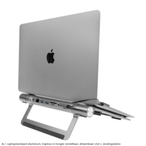 ACT Laptopstandaard aluminium, traploos in hoogte verstelbaar, afneembaar USB-C dockingstation
