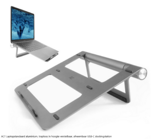 ACT Laptopstandaard aluminium, traploos in hoogte verstelbaar, afneembaar USB-C dockingstation