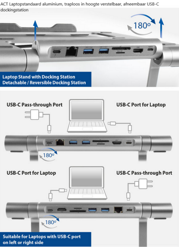 ACT Laptopstandaard aluminium, traploos in hoogte verstelbaar, afneembaar USB-C dockingstation