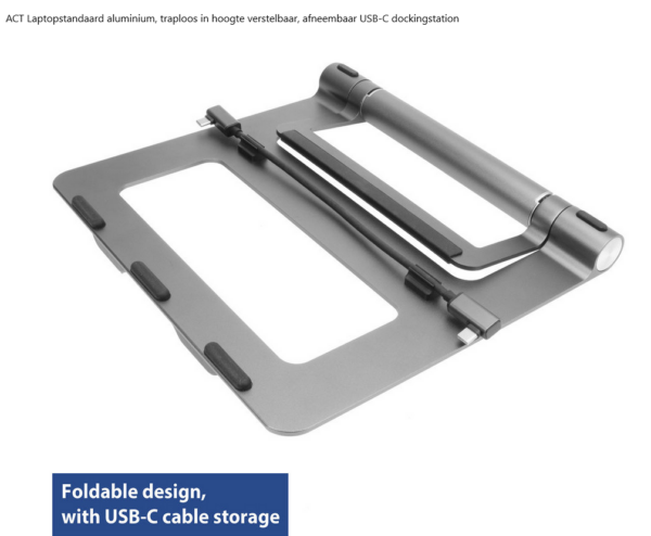 ACT Laptopstandaard aluminium, traploos in hoogte verstelbaar, afneembaar USB-C dockingstation