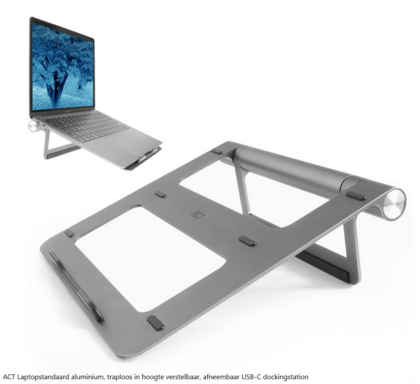 ACT Laptopstandaard aluminium, traploos in hoogte verstelbaar, afneembaar USB-C dockingstation