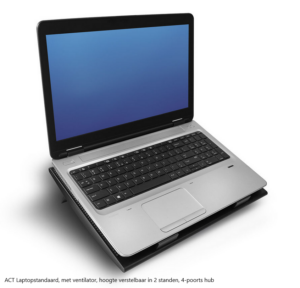 ACT Laptopstandaard, met ventilator, hoogte verstelbaar in 2 standen, 4-poorts hub