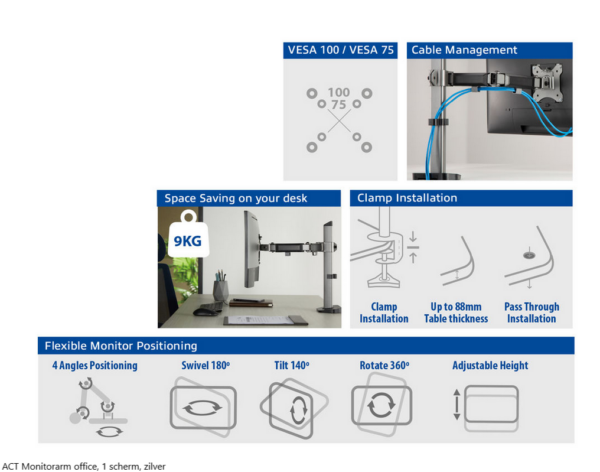 ACT Monitorarm office, 1 scherm, zilver
