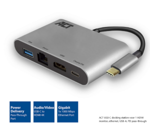 ACT USB-C docking station voor 1 HDMI monitor, ethernet, USB-A, PD pass-through