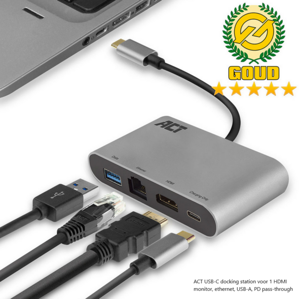 ACT USB-C docking station voor 1 HDMI monitor, ethernet, USB-A, PD pass-through
