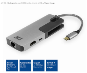 ACT USB-C docking station voor 1 HDMI monitor, ethernet, 3x USB-A, PD pass-through