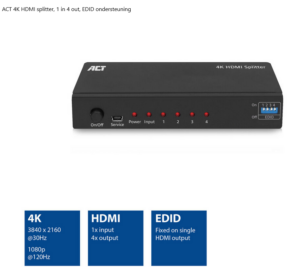 ACT 4K HDMI splitter, 1 in 4 out, EDID ondersteuning