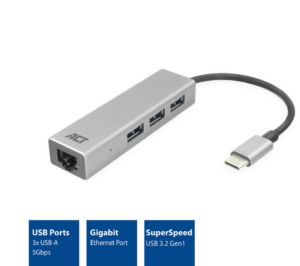 ACT USB-C hub 3.0, 3x USB-A, Gigabit ethernet