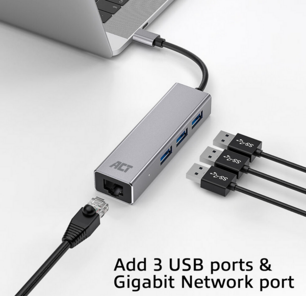 ACT USB-C hub 3.0, 3x USB-A, Gigabit ethernet