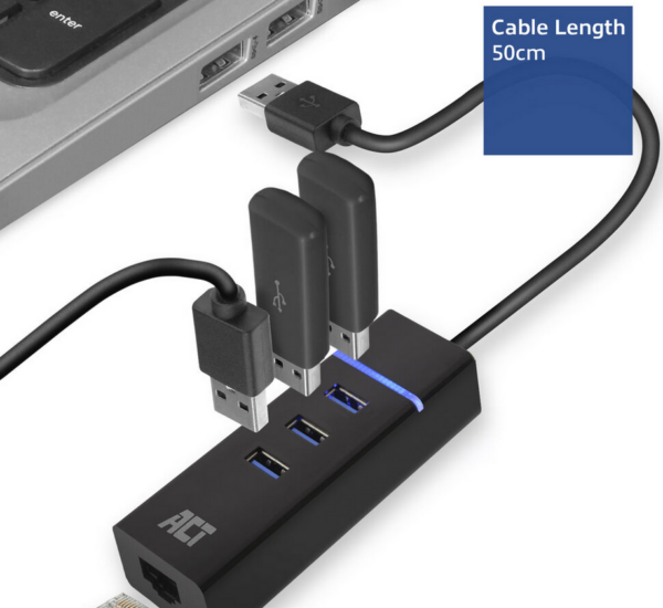 ACT USB hub 3.0, 3 poorts USB-A, Gigabit ethernet