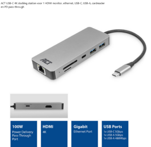 ACT USB-C 4K docking station voor 1 HDMI monitor, ethernet, USB-C, USB-A, cardreader en PD pass-through