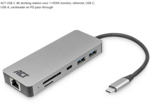 ACT USB-C 4K docking station voor 1 HDMI monitor, ethernet, USB-C, USB-A, cardreader en PD pass-through