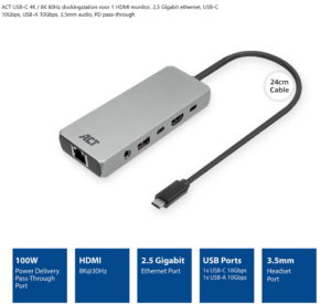 ACT USB-C 4K / 8K 60Hz dockingstation voor 1 HDMI monitor, 2,5 Gigabit ethernet, USB-C 10Gbps, USB-A 10Gbps, 3,5mm audio, PD pass-through