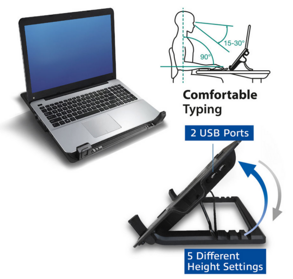 ACT Laptopstandaard, met ventilator, hoogte verstelbaar in 5 standen, 2-poorts hub