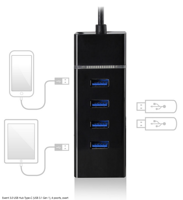 Ewent 3.0 USB Hub Type-C (USB 3.1 Gen 1), 4 poorts, zwart