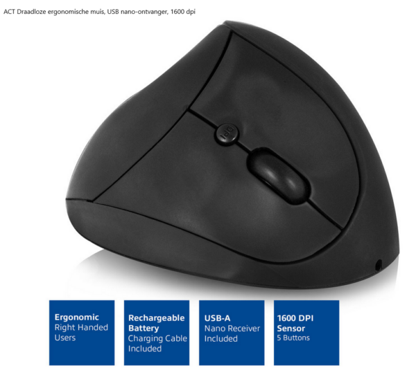 ACT Draadloze ergonomische muis, USB nano-ontvanger, 1600 dpi