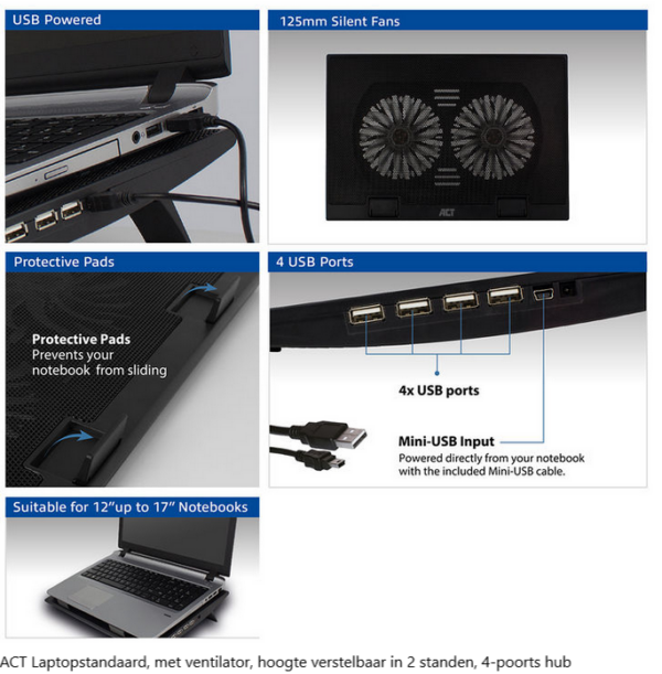 ACT Laptopstandaard, met ventilator, hoogte verstelbaar in 2 standen, 4-poorts hub