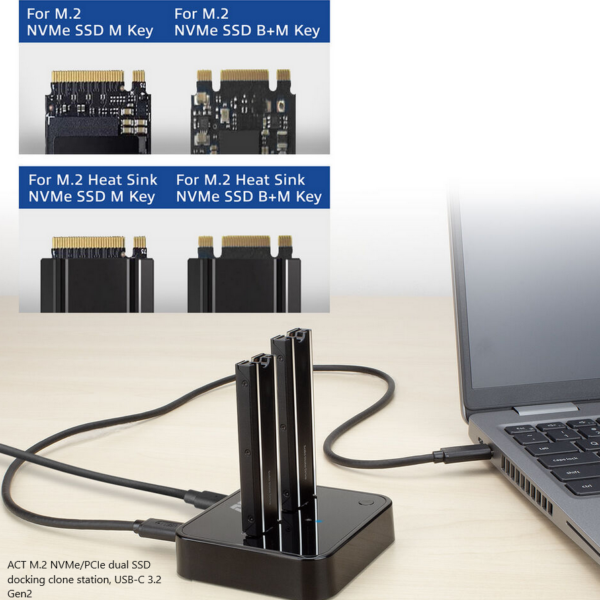 ACT M.2 NVMe/PCIe dual SSD docking clone station, USB-C 3.2 Gen2
