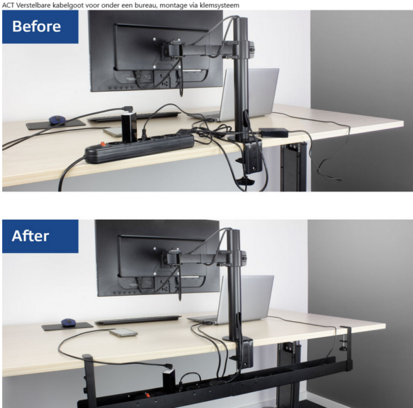 ACT Verstelbare kabelgoot voor onder een bureau, montage via klemsysteem