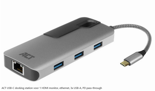 ACT USB-C docking station voor 1 HDMI monitor, ethernet, 3x USB-A, PD pass-through