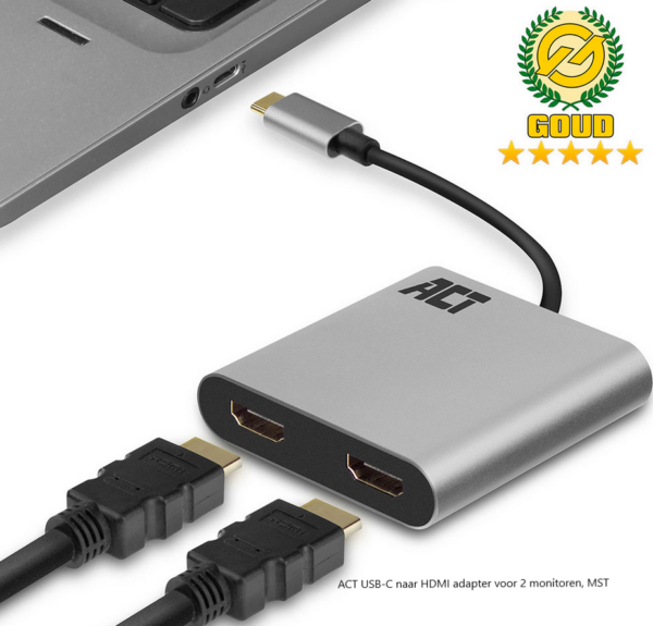 ACT USB-C naar HDMI adapter voor 2 monitoren, MST