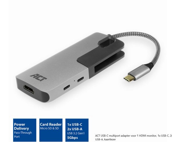 ACT USB-C multiport adapter voor 1 HDMI monitor, 1x USB-C, 2x USB-A, kaartlezer