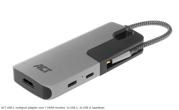 ACT USB-C multiport adapter voor 1 HDMI monitor, 1x USB-C, 2x USB-A, kaartlezer