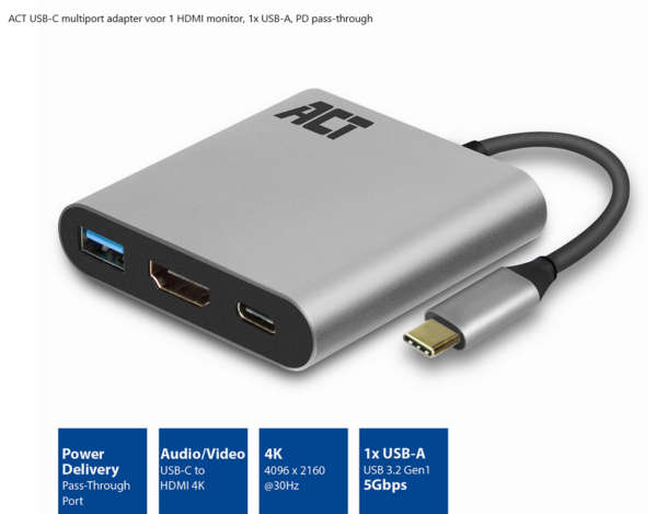 ACT USB-C multiport adapter voor 1 HDMI monitor, 1x USB-A, PD pass-through