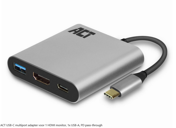 ACT USB-C multiport adapter voor 1 HDMI monitor, 1x USB-A, PD pass-through
