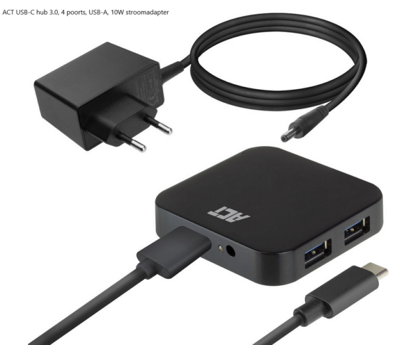 ACT USB-C hub 3.0, 4 poorts, USB-A, 10W stroomadapter