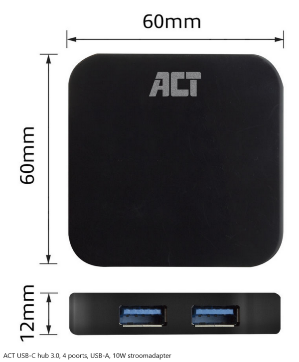 ACT USB-C hub 3.0, 4 poorts, USB-A, 10W stroomadapter