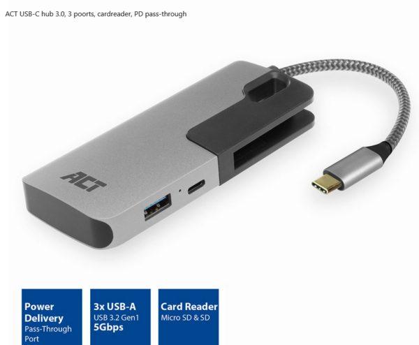 ACT USB-C hub 3.0, 3 poorts, cardreader, PD pass-through