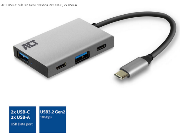 ACT USB-C hub 3.2 Gen2 10Gbps, 2x USB-C, 2x USB-A