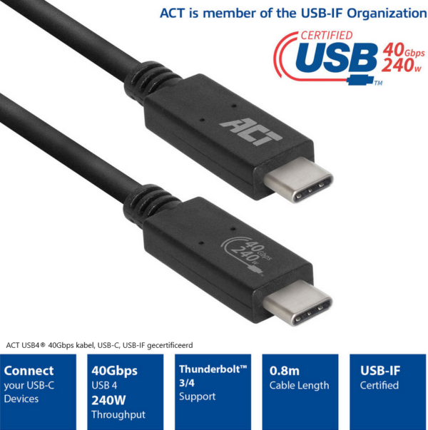 ACT USB4® 40Gbps kabel, USB-C, USB-IF gecertificeerd,