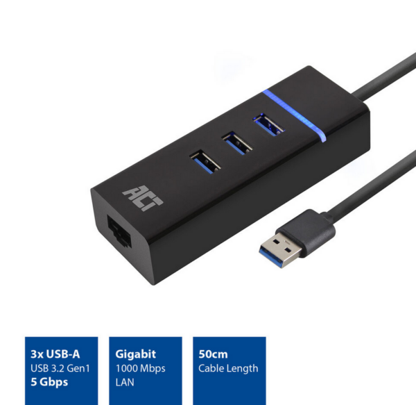 ACT USB hub 3.0, 3 poorts USB-A, Gigabit ethernet