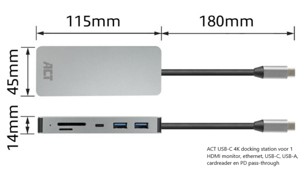 ACT USB-C 4K docking station voor 1 HDMI monitor, ethernet, USB-C, USB-A, cardreader en PD pass-through