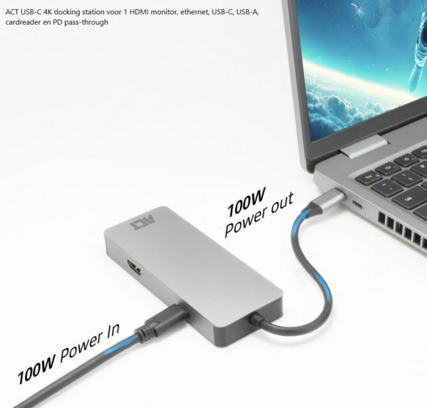 ACT USB-C 4K docking station voor 1 HDMI monitor, ethernet, USB-C, USB-A, cardreader en PD pass-through