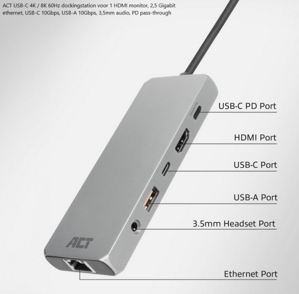 ACT USB-C 4K / 8K 60Hz dockingstation voor 1 HDMI monitor, 2,5 Gigabit ethernet, USB-C 10Gbps, USB-A 10Gbps, 3,5mm audio, PD pass-through
