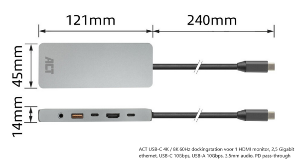 ACT USB-C 4K / 8K 60Hz dockingstation voor 1 HDMI monitor, 2,5 Gigabit ethernet, USB-C 10Gbps, USB-A 10Gbps, 3,5mm audio, PD pass-through