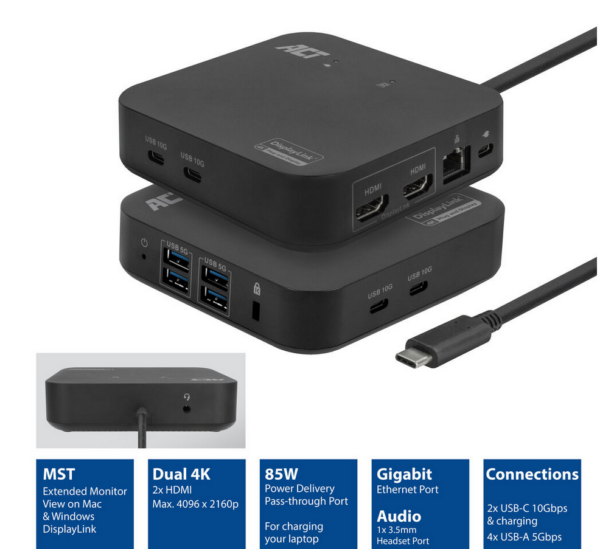 ACT USB-C Docking Station 4K, voor 2 HDMI monitoren, DisplayLink, compact model