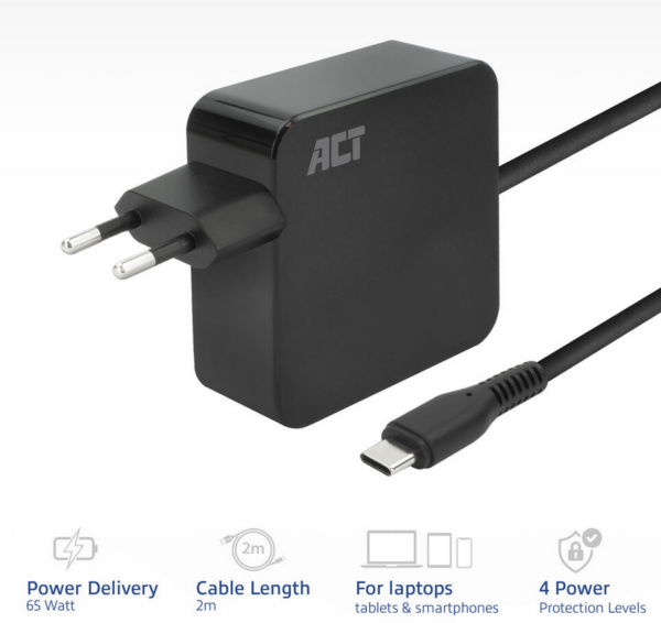 ACT USB-C laptoplader 65W met Power Delivery-profielen, 2 meter