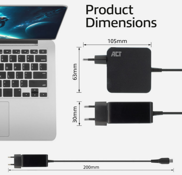 ACT USB-C laptoplader 65W met Power Delivery-profielen, 2 meter