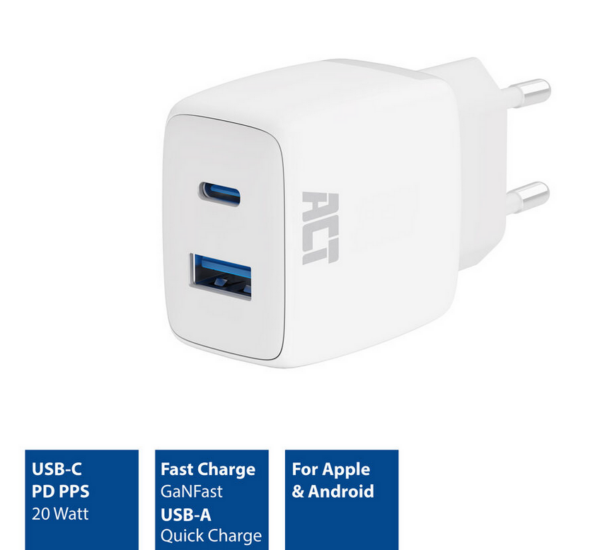 ACT USB-C & USB-A lader 20W met Power Delivery PPS, Quick Charge, GaNFast