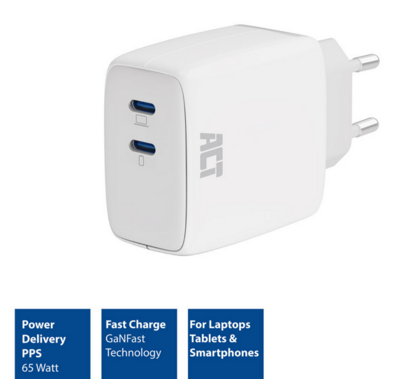 ACT USB-C Lader 65W 2-poorts met Power Delivery PPS en GaNFast