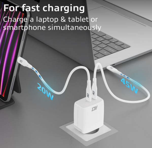 ACT USB-C Lader 65W 2-poorts met Power Delivery PPS en GaNFast