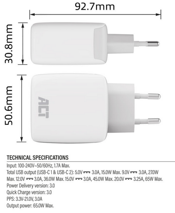 ACT USB-C Lader 65W 2-poorts met Power Delivery PPS en GaNFast